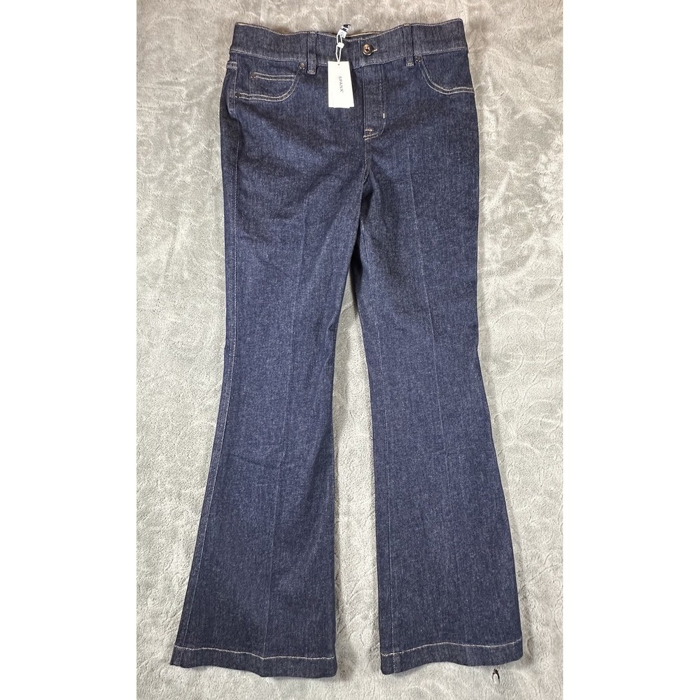 Spanx Jeans Womens Flare Pull On Jeans Large Raw Indigo Blue‎ Denim Mid Rise New
